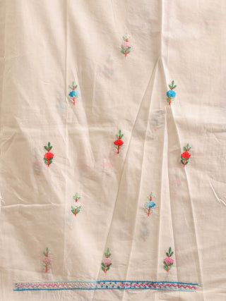 Hand Embroidered White Cambric Cotton Kurti Fabric with Pastel Florals