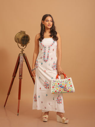 Hand Embroidered White Cambric Cotton Kurti Fabric with Vivid Florals