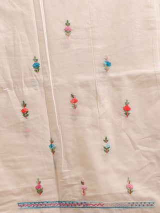 Hand Embroidered White Cambric Cotton Kurti Fabric with Vivid Florals