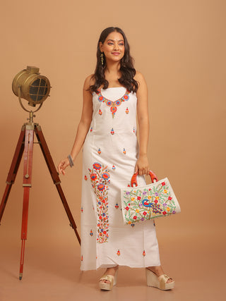 Hand Embroidered White Cambric Cotton Kurti Fabric with Bold Marigold Florals