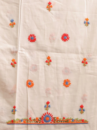 Hand Embroidered White Cambric Cotton Kurti Fabric with Bold Marigold Florals