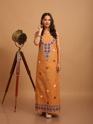 Rusty Orange Mangalgiri Cotton Kurti Fabric with Hand Gujarati Embroidery