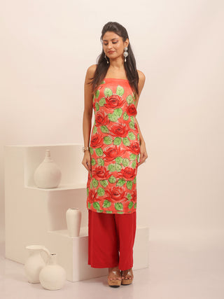 Red Roses Hand-Painted Pure Murshidabad Silk Kurti Fabric