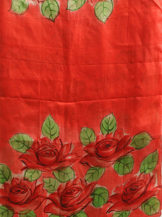 Red Roses Hand-Painted Pure Murshidabad Silk Kurti Fabric