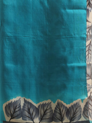 Turquoise and Grey Floral Hand-Painted Pure Murshidabad Silk Kurti Fabric