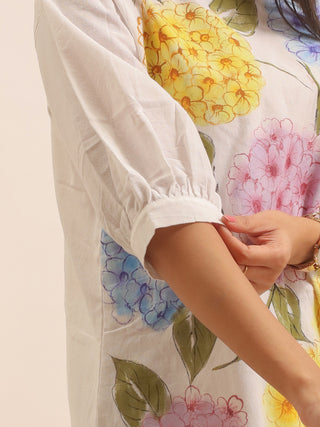 White Andhra Cotton Kurti with Hand-Painted Floral Design