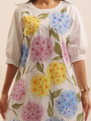 White Andhra Cotton Kurti with Hand-Painted Floral Design