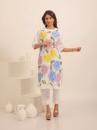White Andhra Cotton Kurti with Hand-Painted Floral Design