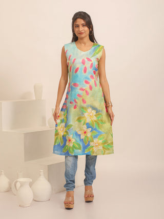 Multicolour Hand-Painted Murshidabad Silk Kurti with Sequins and Bead Highlights