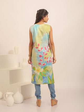 Multicolour Hand-Painted Murshidabad Silk Kurti with Sequins and Bead Highlights