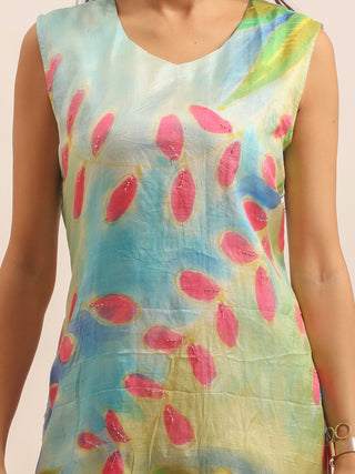 Multicolour Hand-Painted Murshidabad Silk Kurti with Sequins and Bead Highlights