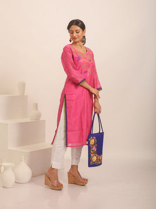 Lotus Pink Cotton Silk Kurti with Jamdani Weaving