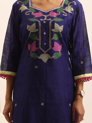 Royal Blue Cotton Silk Kurti with Jamdani Weaving