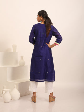 Royal Blue Cotton Silk Kurti with Jamdani Weaving