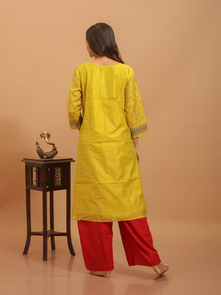 Lemon Yellow Chanderi Silk Block Printed Kurti