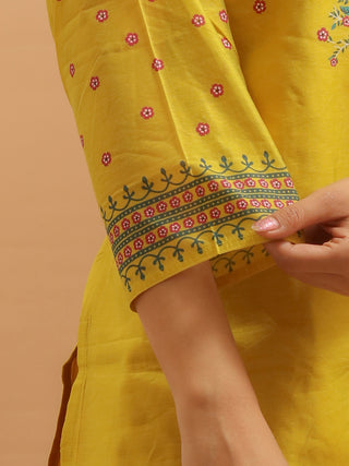 Lemon Yellow Chanderi Silk Block Printed Kurti