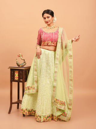 Pistachio Green And Strawberry Red Hand-Embroidered Lehenga-Choli Set