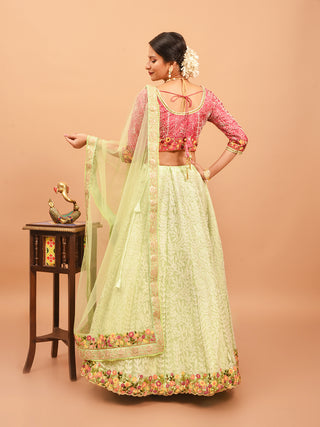 Pistachio Green And Strawberry Red Hand-Embroidered Lehenga-Choli Set