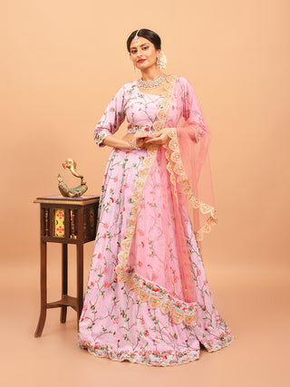 Lavender Hand-Embroidered Crepe Silk Lehenga-Choli Set