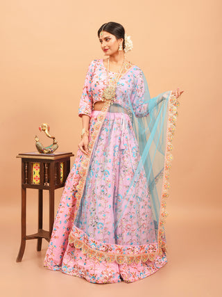 Soft Pink Hand-Embroidered Crepe Silk Lehenga-Choli Set