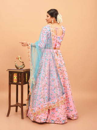 Soft Pink Hand-Embroidered Crepe Silk Lehenga-Choli Set