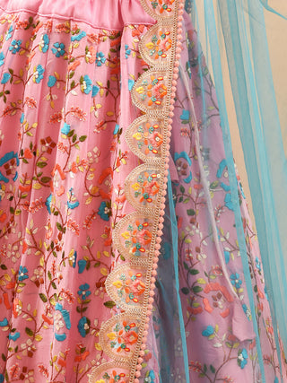 Soft Pink Hand-Embroidered Crepe Silk Lehenga-Choli Set