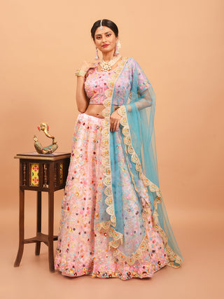 Soft Pink Hand-Embroidered Organza Silk Lehenga-Choli Set