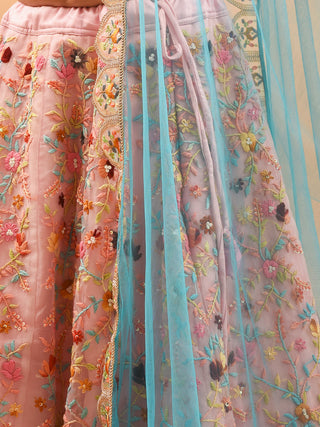 Soft Pink Hand-Embroidered Organza Silk Lehenga-Choli Set