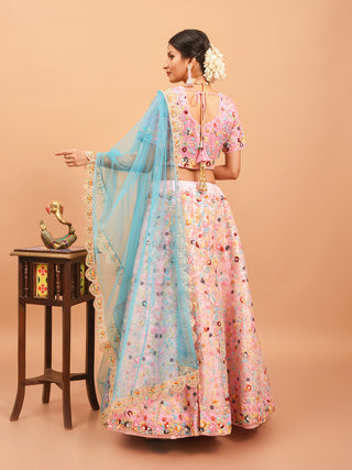 Soft Pink Hand-Embroidered Organza Silk Lehenga-Choli Set