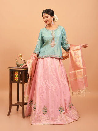 Aqua Blue & Mauve Pink Tissue Silk Lehenga-Choli Set With Hand Aari/Zardozi Embroidery
