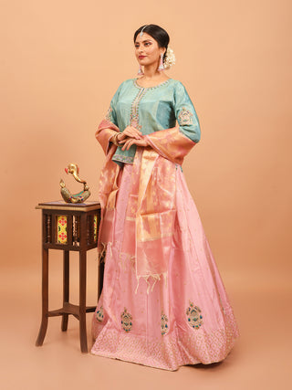 Aqua Blue & Mauve Pink Tissue Silk Lehenga-Choli Set With Hand Aari/Zardozi Embroidery