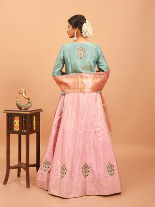 Aqua Blue & Mauve Pink Tissue Silk Lehenga-Choli Set With Hand Aari/Zardozi Embroidery