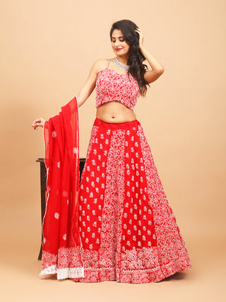 Red Georgette Lehenga-Choli Set With Lucknowi Hand Embroidery