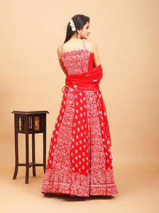 Red Georgette Lehenga-Choli Set With Lucknowi Hand Embroidery
