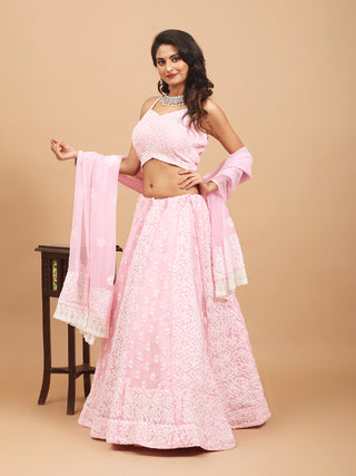 Baby-Pink Georgette Lehenga-Choli Set With Lucknowi Hand Embroidery