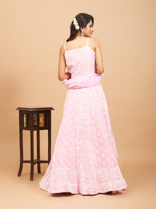 Baby-Pink Georgette Lehenga-Choli Set With Lucknowi Hand Embroidery