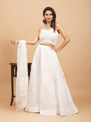 White Georgette Lehenga-Choli Set With Lucknowi Hand Embroidery