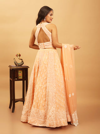 Peach Georgette Lehenga-Choli Set With Lucknowi Hand Embroidery