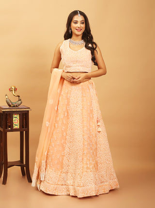 Peach Georgette Lehenga-Choli Set With Lucknowi Hand Embroidery