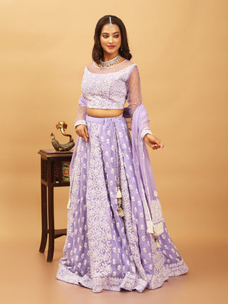 Lavender Georgette Lehenga-Choli Set With Lucknowi Hand Embroidery