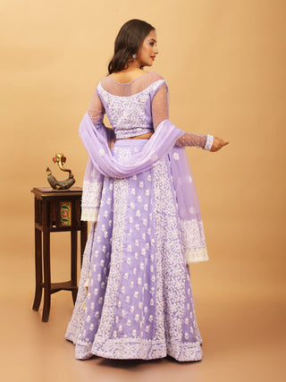 Lavender Georgette Lehenga-Choli Set With Lucknowi Hand Embroidery