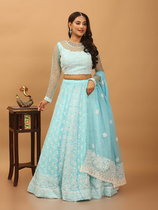 Sky-Blue Georgette Lehenga-Choli Set With Lucknowi Hand Embroidery