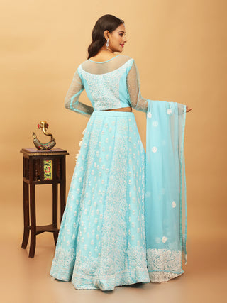 Sky-Blue Georgette Lehenga-Choli Set With Lucknowi Hand Embroidery