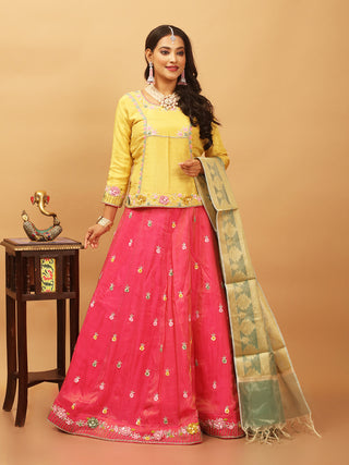 Fuchsia And Yellow Tissue Silk Lehenga Choli Set With Aari/Zardozi Hand Embroidery