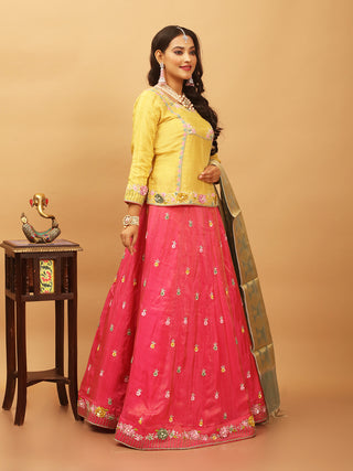 Fuchsia And Yellow Tissue Silk Lehenga Choli Set With Aari/Zardozi Hand Embroidery
