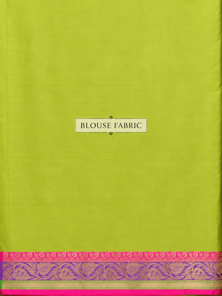 Leaf Green Pure Katan Silk Banarasi Handloom Saree with Pink & Purple Zari Borders