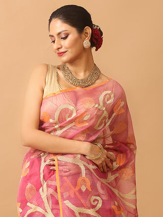 Onion Pink Muslin-Dark Peach Matka Silk Combination Saree With Jamdani Weaves