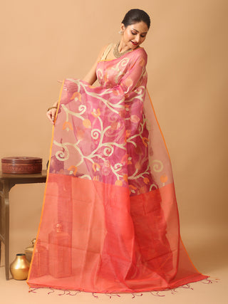 Onion Pink Muslin-Dark Peach Matka Silk Combination Saree With Jamdani Weaves