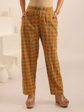 Mustard Yellow Relaxed Fit Cambric Cotton Pants With Ajrakh Print
