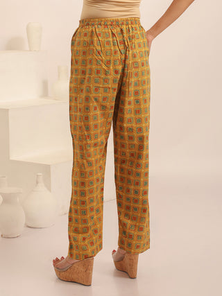 Mustard Yellow Relaxed Fit Cambric Cotton Pants With Ajrakh Print